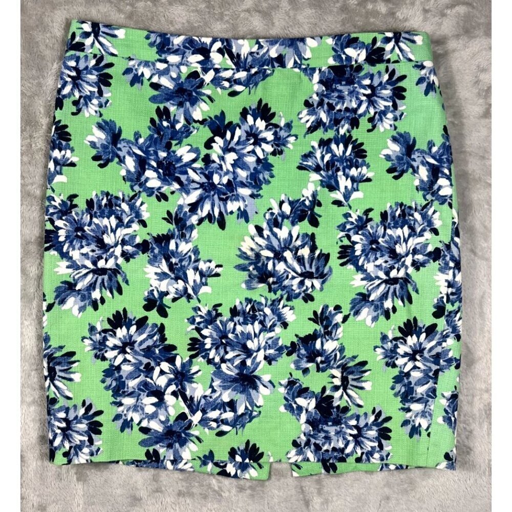 J.Crew The Pencil Skirt Women’s 14 Green Blue Floral Cotton Lined Work Office